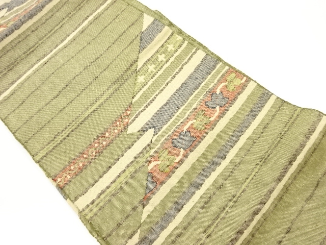 手織り真綿紬横段に蔦の葉模様織出し名古屋帯
